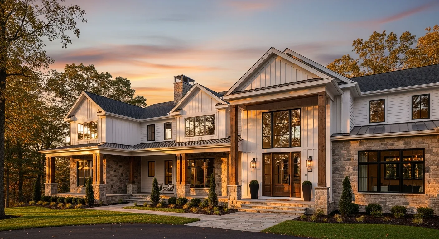 Luxury home exterior at dusk in upstate New York